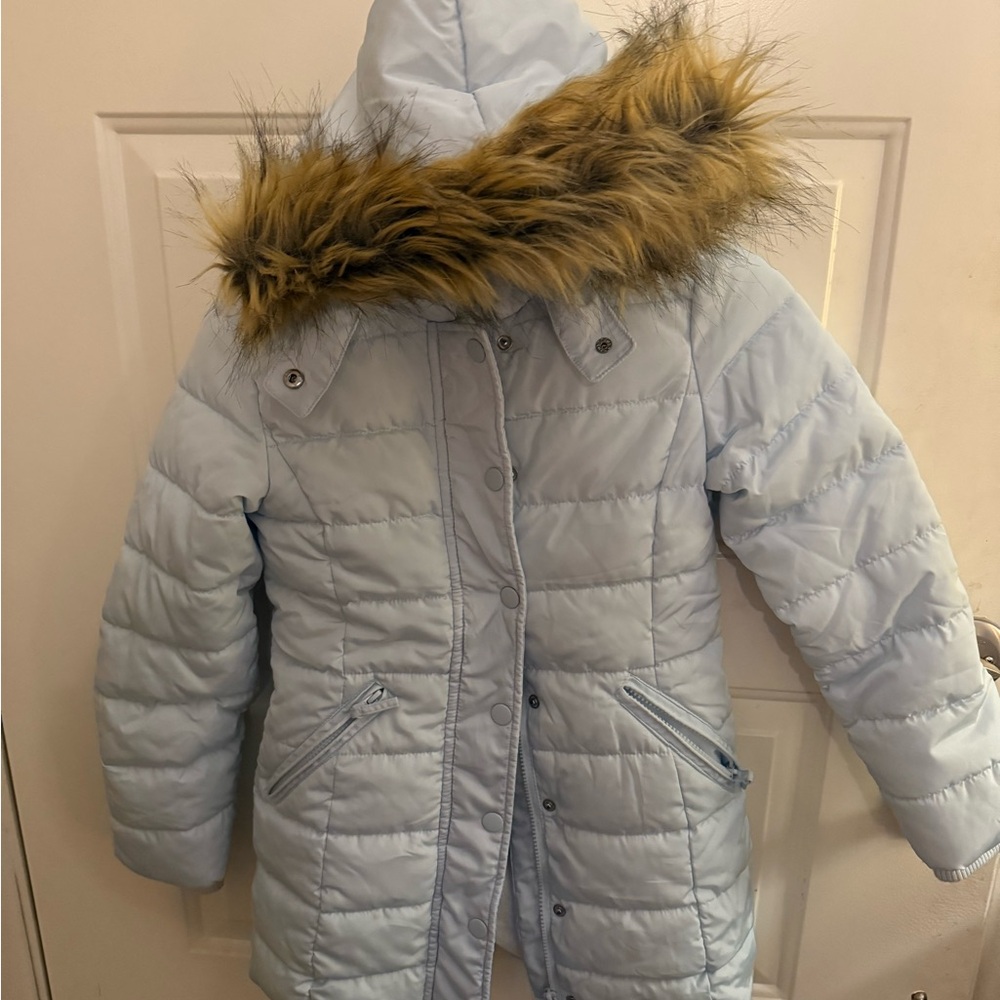 Copper Key Sky Blue Puffer Jacket with Faux Fur